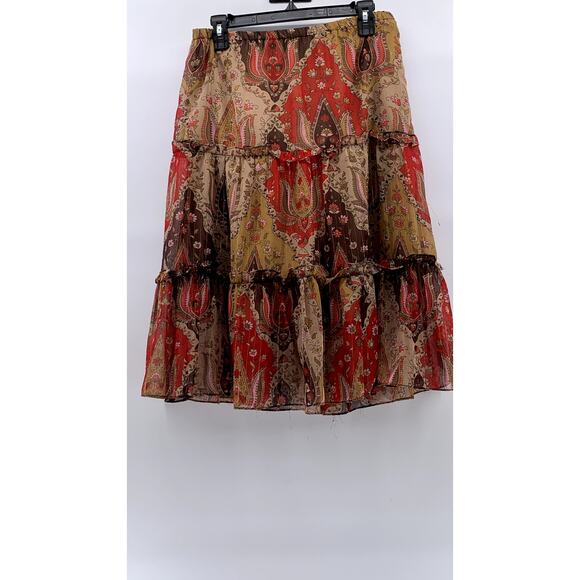 ZERO ZERO Women's Red-Tan Printed Tiered A-Line Knee Length Skirt SZ M - Picture 1 of 11